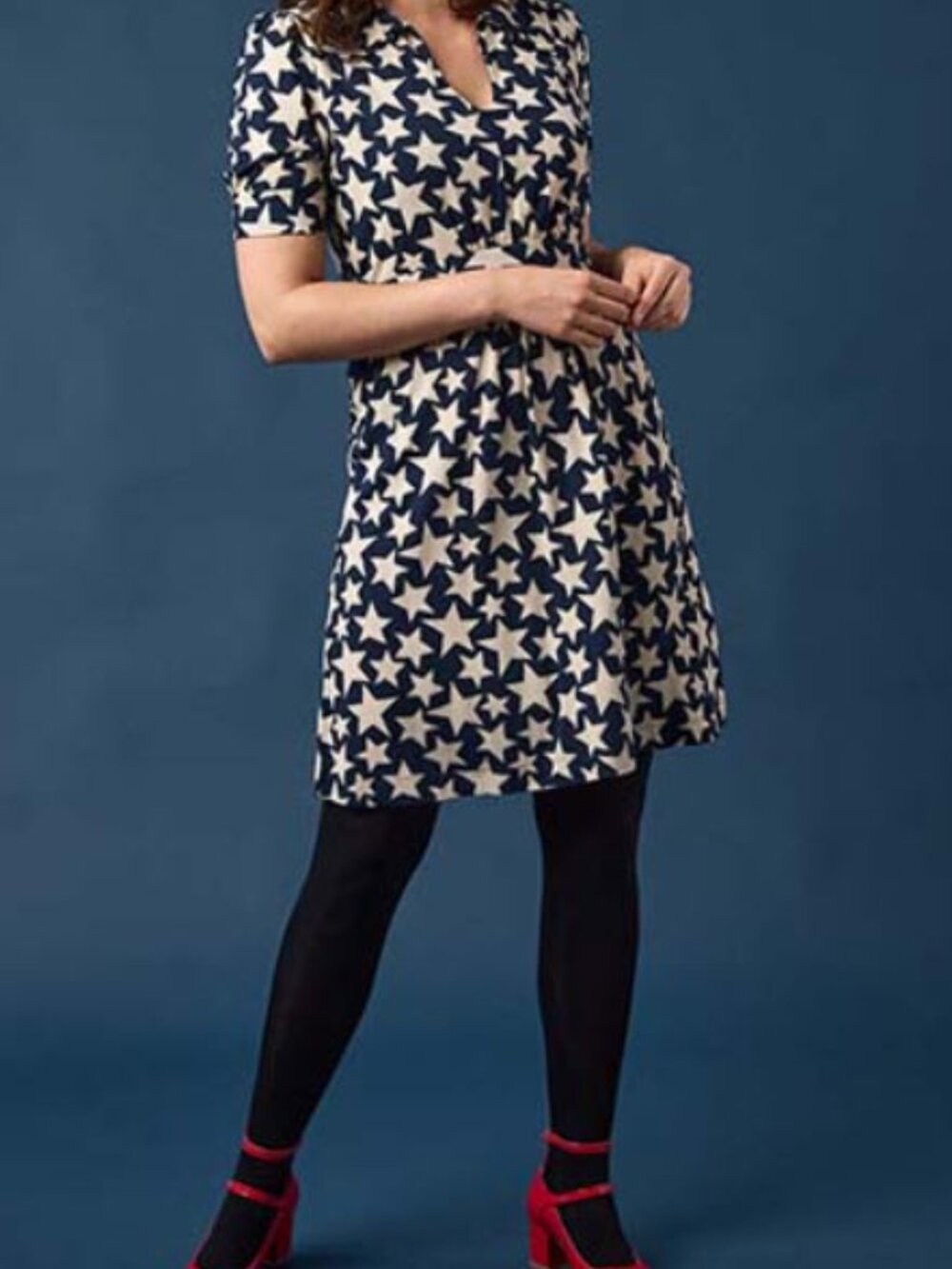 Joanie Olga Navy Star Print Jersey Tea Dress, US Size 14, Navy
